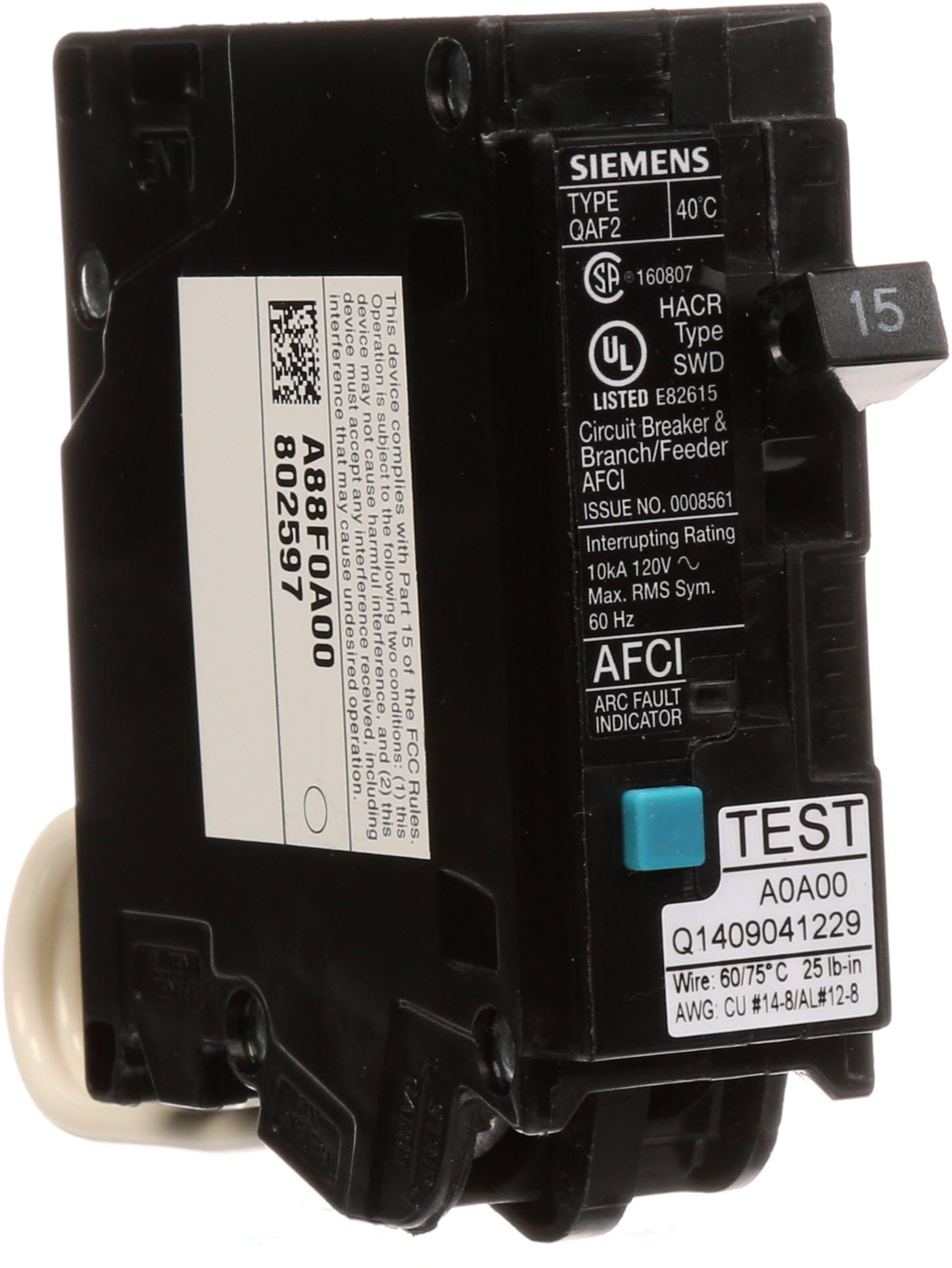 Set of 2 Siemens QA115AF 15 AMP ARC Fault Circuit Interrupter