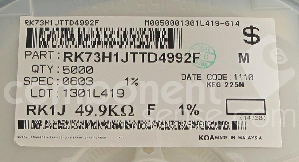 RK73H1JTTD4992F KOA Speer Datasheet PDF & Technical Specs